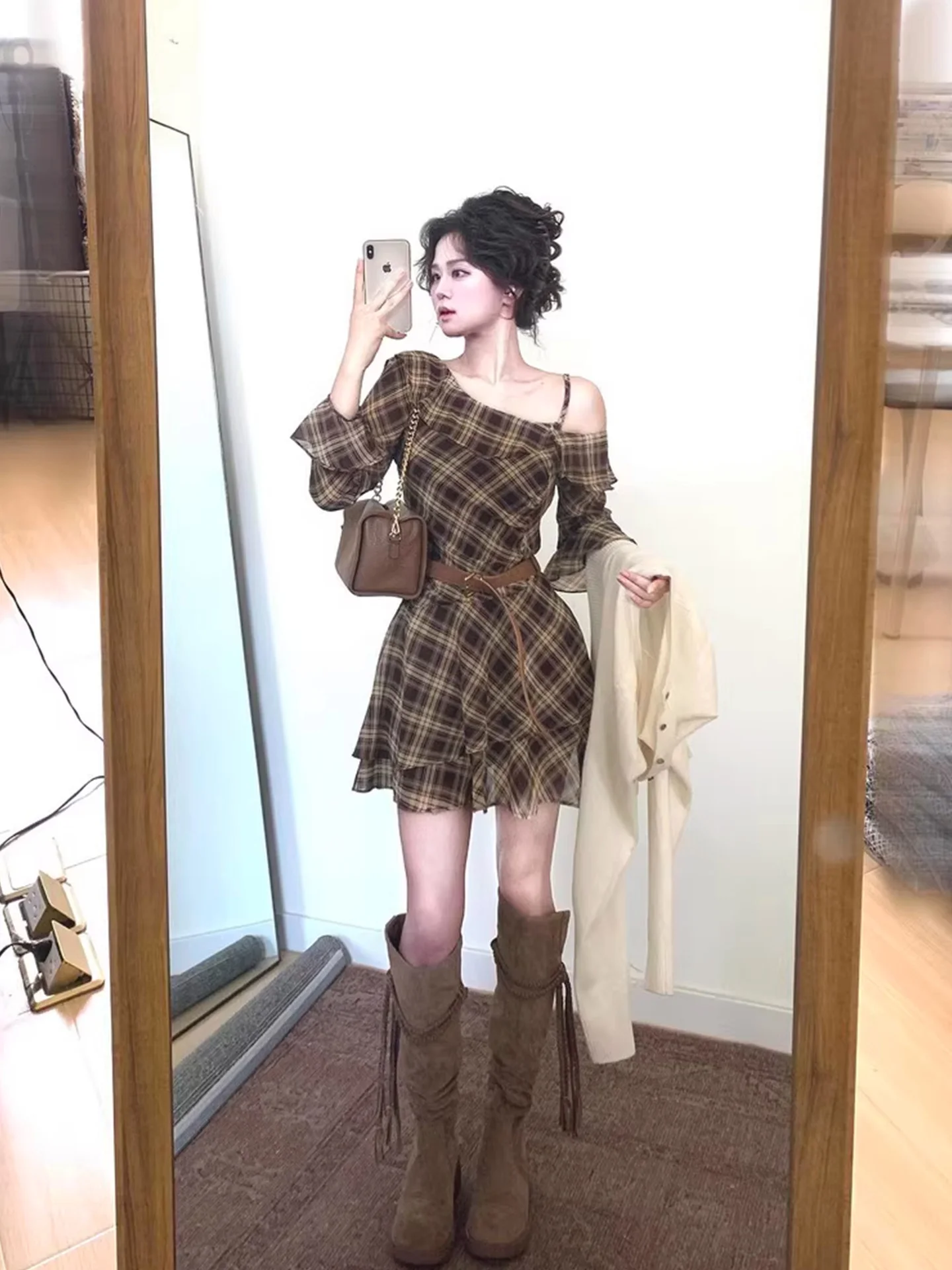 

French Vintage Gingham Dress Ruffle Hem Asymmetric Waist Mini Dress Off Shoulder Early Autumn Elegant Charme Vibe