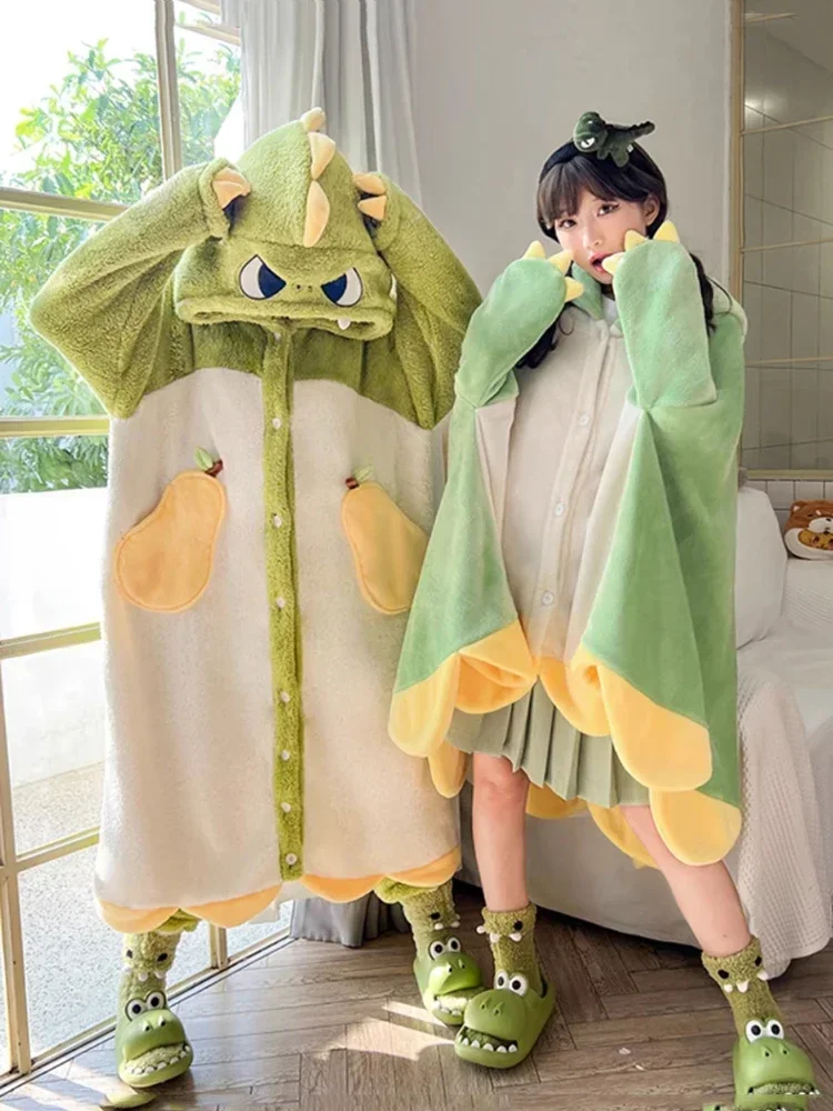 2024 Winter Pajamas For Women Cartoon Dinosaur Hooded Long Robe Cute Home Wear Sleepwear Thick Flannel Comfy Lounge Bathrobe