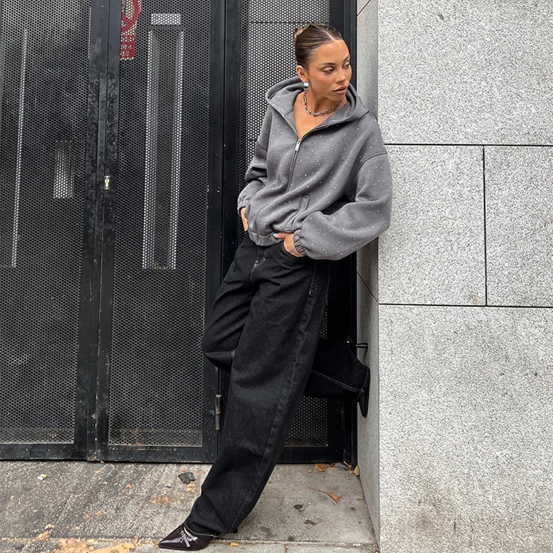 العصرية حجر الراين سستة هوديس راجلان كم مقنعين البلوز نفخة برعم تنورة المرأة عادية قطعتين مجموعة 2025 جديد سيدة الدعاوى #4