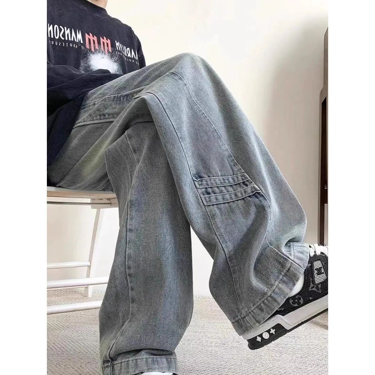 

Мужские джинсы в стиле ретро-американский, осенние, модные, с лоскутным дизайном, свободные, прямые, повседневные, длинные брюки, молодежные, из полиэстера...