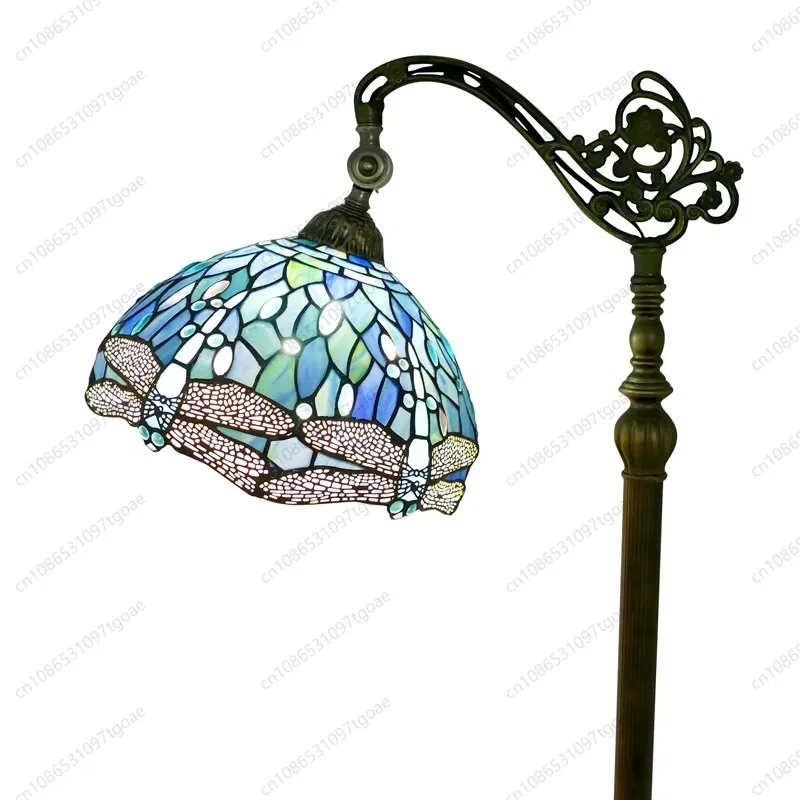 Sea Blue Stained Glass Arched Floor Lamp, Adjustable LED Standing Reading Light for Bedroom