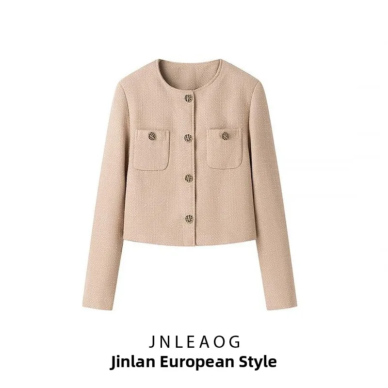 

JNLEAOG Spring New Women's Faion Design Small Fraance Sle Jaet Straight Cut Pure Color Polyester Long Sve ort Coat