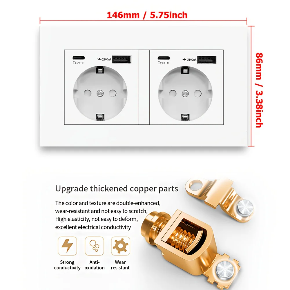 EU規格2.1A Type-C USBソケット、16A電源パネルダブルコンセント、AC 110～250V 146mm×86mmダブルフレーム高品質電源コンセント