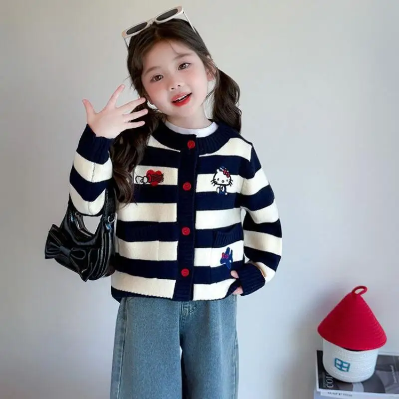 

Sanrios Hello Kittys Knitted Cardigan New Style Girl Cute Cartoon Striped Baby Fashion Sweater Loose Embroidery Color Block Coat