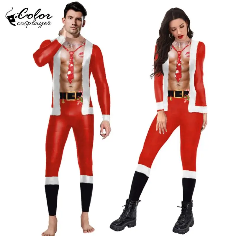 Colore Cosplayer festa di natale manica lunga Costume Cosplay donne tute Skinny Santa stampato Catsuit Zentai tute