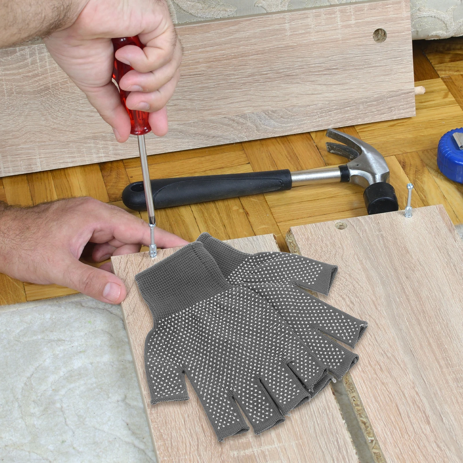 5 أزواج من قفازات العمل بدون أصابع للرجال والنساء، قبضة راحة اليد غير قابلة للانزلاق، شتاء دافئ، قابل للتنفس، خفيفة الوزن، نصف إصبع، شاشة لمس متوافقة