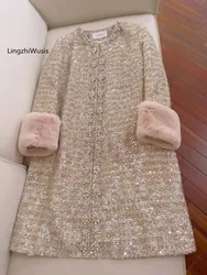 LingzhiWusis francese elegante Top Quality Diamond paillettes cappotto di pelliccia di visone riciclato capispalla da donna di alta qualità soprabito invernale nuovo