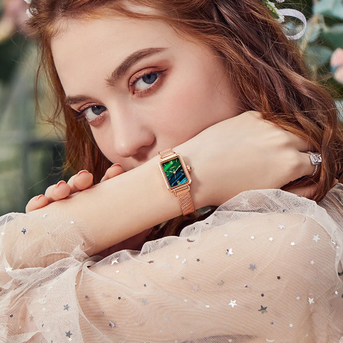 

Women's Small Square Watch Forest Style Peacock Green INS Artistic Milan Mesh With A Niche Temperament Women's Watch