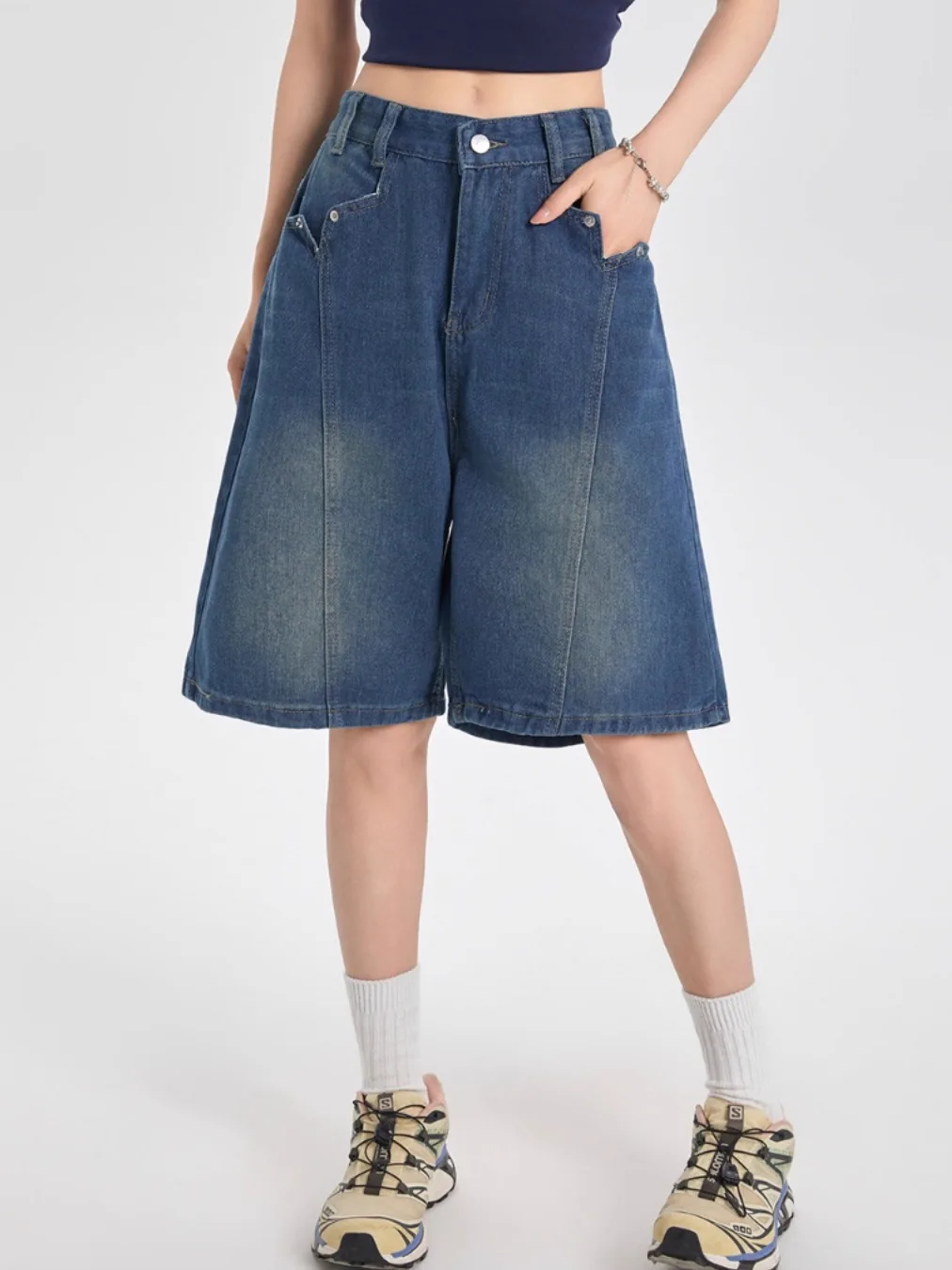 

LINFANGING American Retro High Waist Straight Leg Five-Point orts Summer Thin Loose Jeans orts Women's Summer Faion