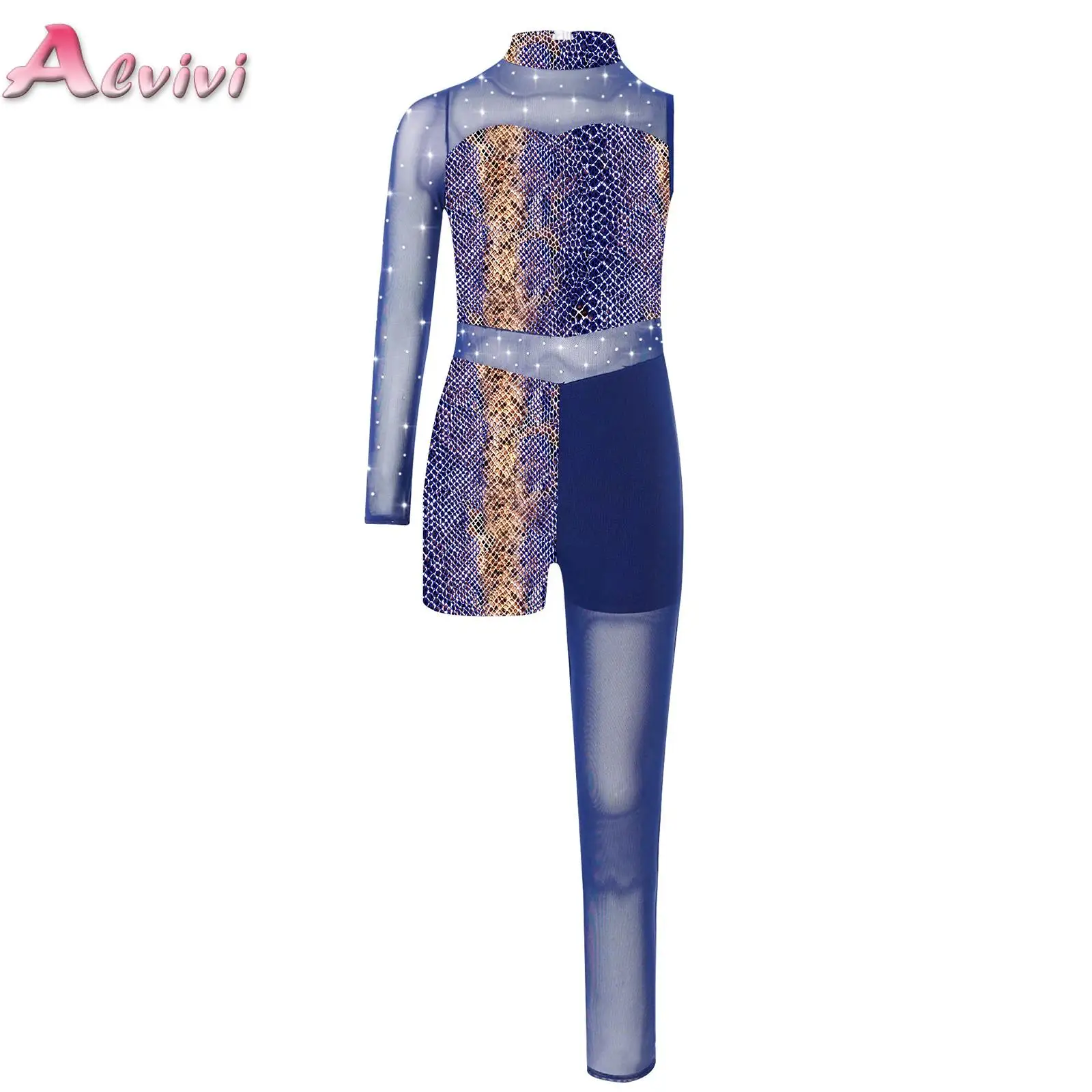 

Kids Girls Jumpsuit Star/Snakeskin Printed Gymnastics Full Length Leotard Shiny Rhinestones Sheer Mesh Asymmetrical Bodysuit