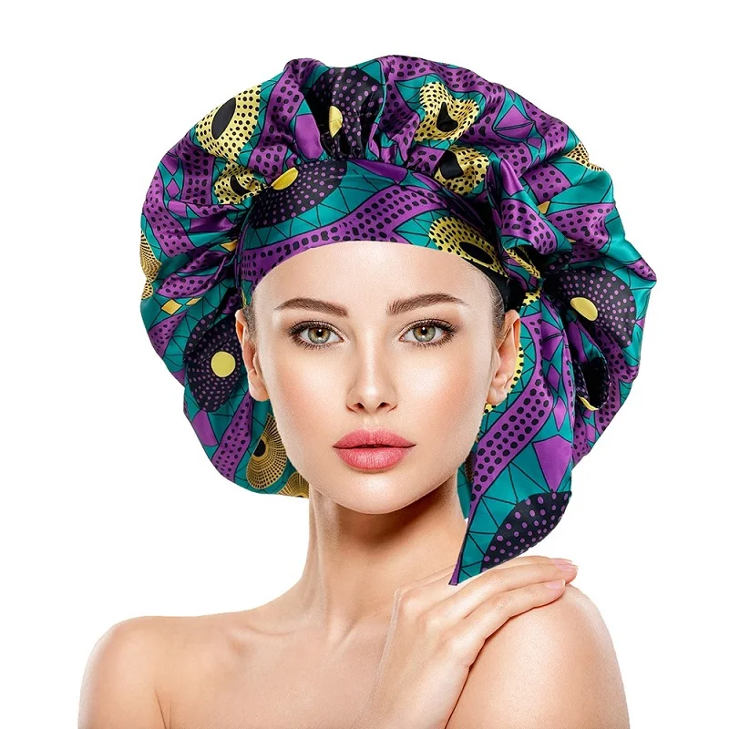 Extra Large African Pattern Print Satin Bonnet Women Night Sleep Cap Adjustable Wide Band Elastic Head Wrap Hair Bonnet Hat