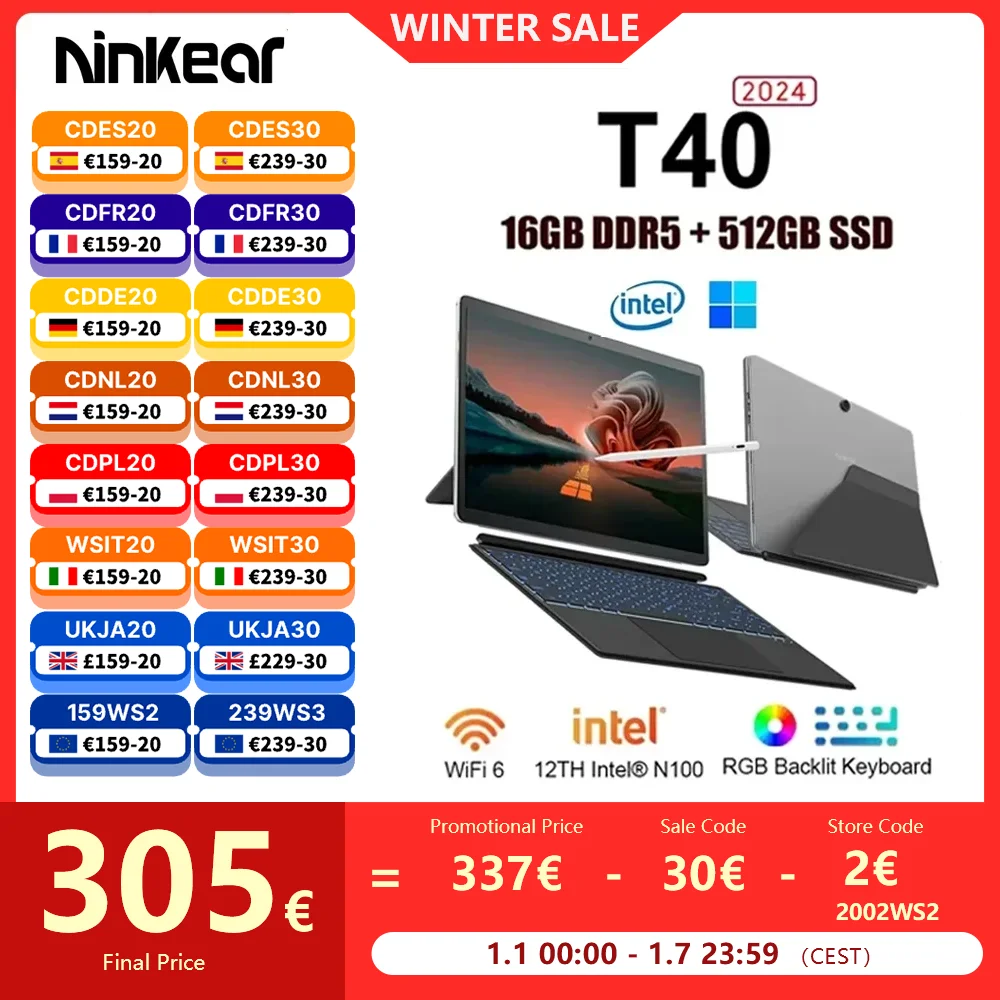 Ninkear T40 Laptop 2 in 1 TouchScreen Tablet Notebook Intel N100 14 Inch FHD 16GB DDR5+512GB SSD Wifi 6 RGB Backlit With Stylus