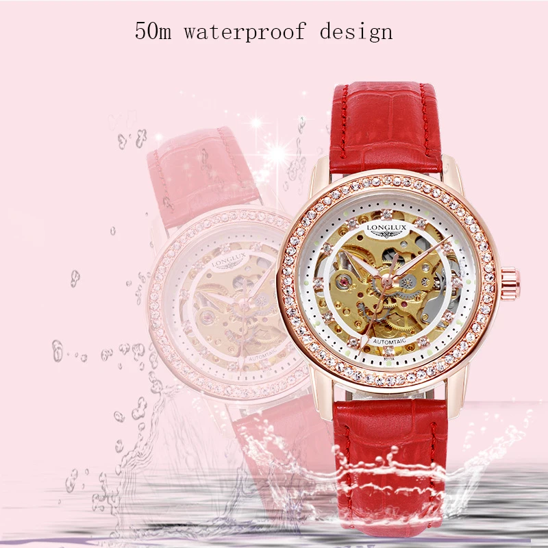 Woman Automatic Mechanical Watches Skeleton Wristwatch Lady Elegant Luxury High Quality Leather Strap Watch 50m Waterproof Clock