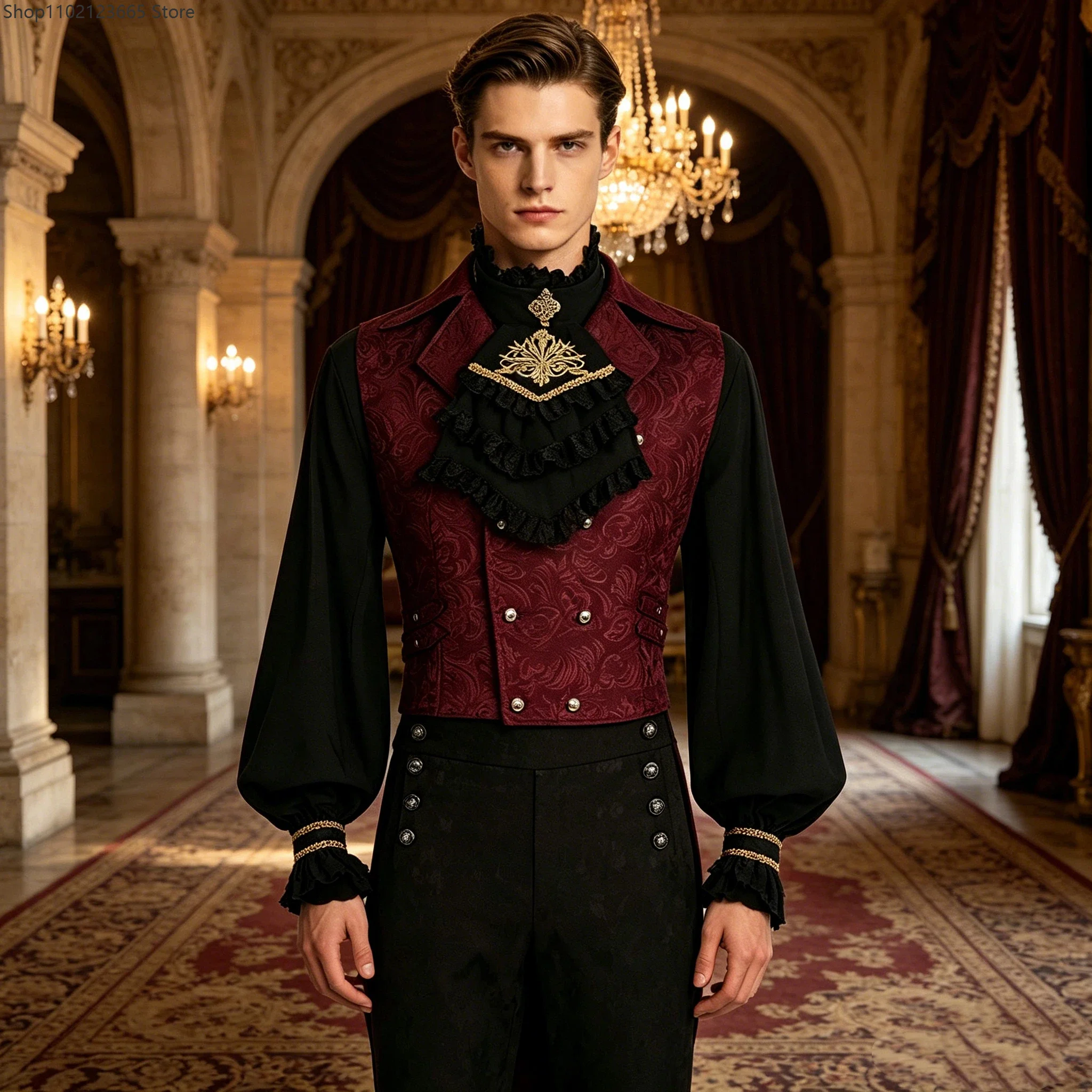 Herren Gothic Kostüm Mittelalterlicher Herrenanzug Steampunk Schwarzes Hemd Weste Hofkleidung Halloween Vampir Cosplay Anzüge 2026