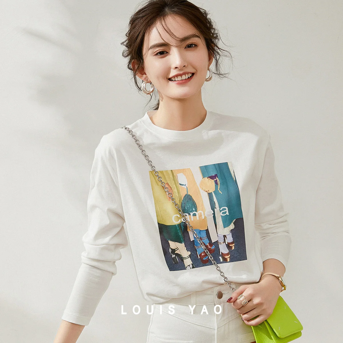 LOUIS YAO Long Sleeve T-Shirt 2025 Spring/Autumn Tees Casual Letter Print Crew Neck Top Minimalist Women's T-Shirt