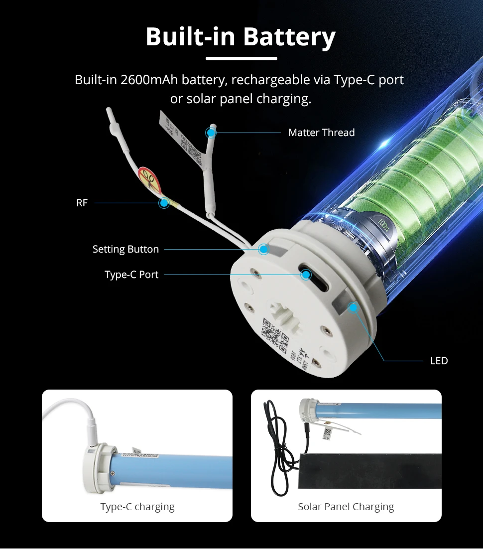 Matter Thread Smart Rollos mit Motor, Batterie und Solarpanel für 38mm Rohre, kompatibel mit Homekit, Smartthings, Google Home, Alexa, HA – Detail 10