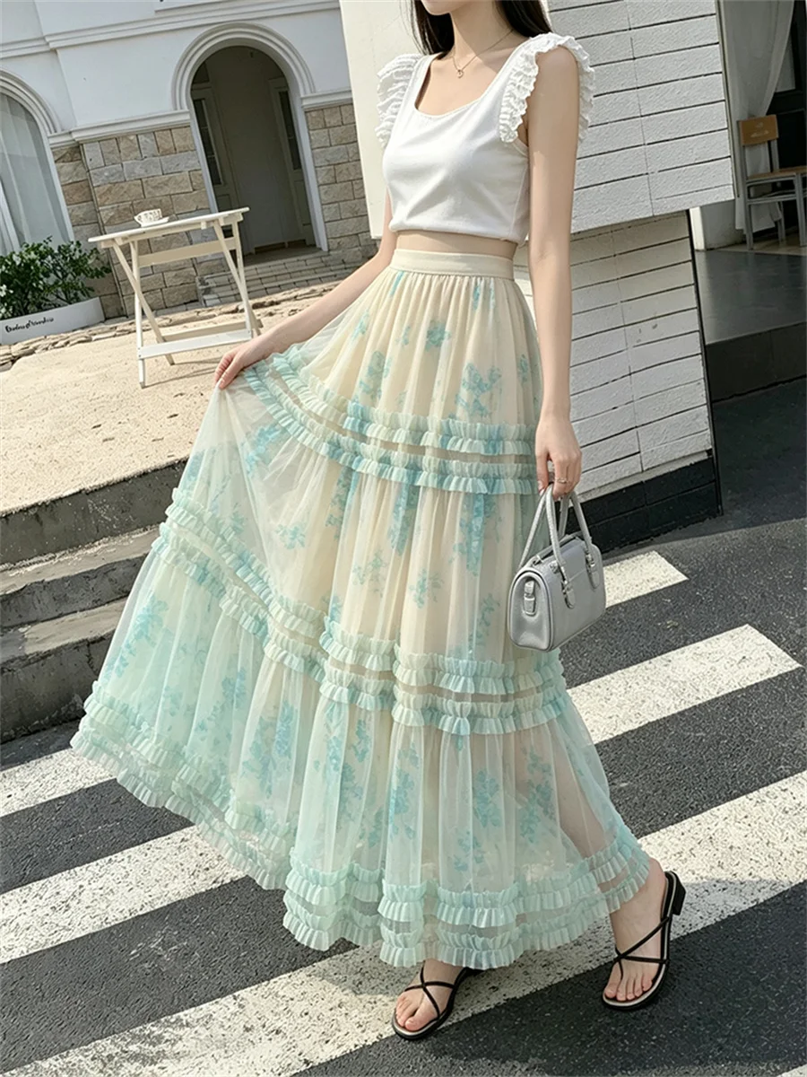

Summer Vacation Floral Printted Tulle Skirts For Women Elegant Retro High Waist Ruffled Splice Mesh A-line Midi Skirts