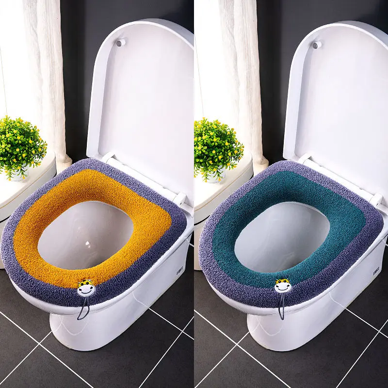 2 Pcs Cartoon Style Toilet Seat Cushion Soft Breathable Universal Toilet Cover Thick Plush Four Season Home Toilet Ring Washable