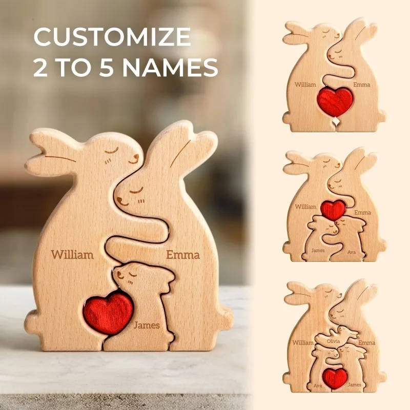 Personalized Rabbit Puzzle Wooden Art Free Customization Name Family Anniversary Festival Christmas Warm Home Decoration