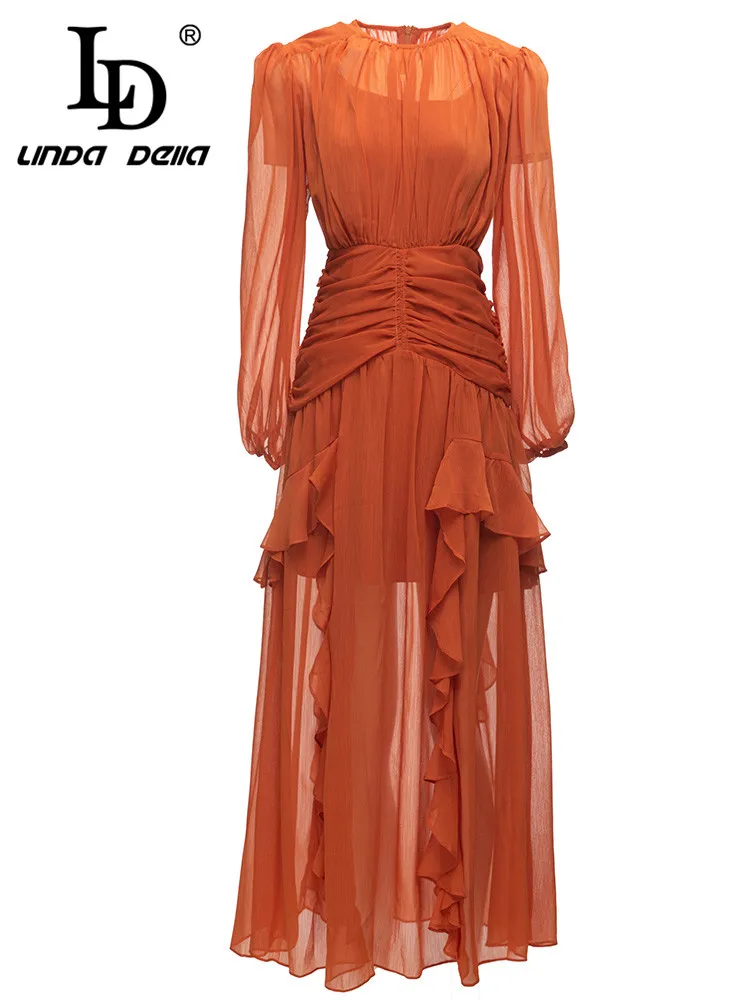 LD LINDA DELLA Runway  Designer Vintage Dress Women's Orange Long Sleeve Crumple Zipper Transparent Elegant Party Dress