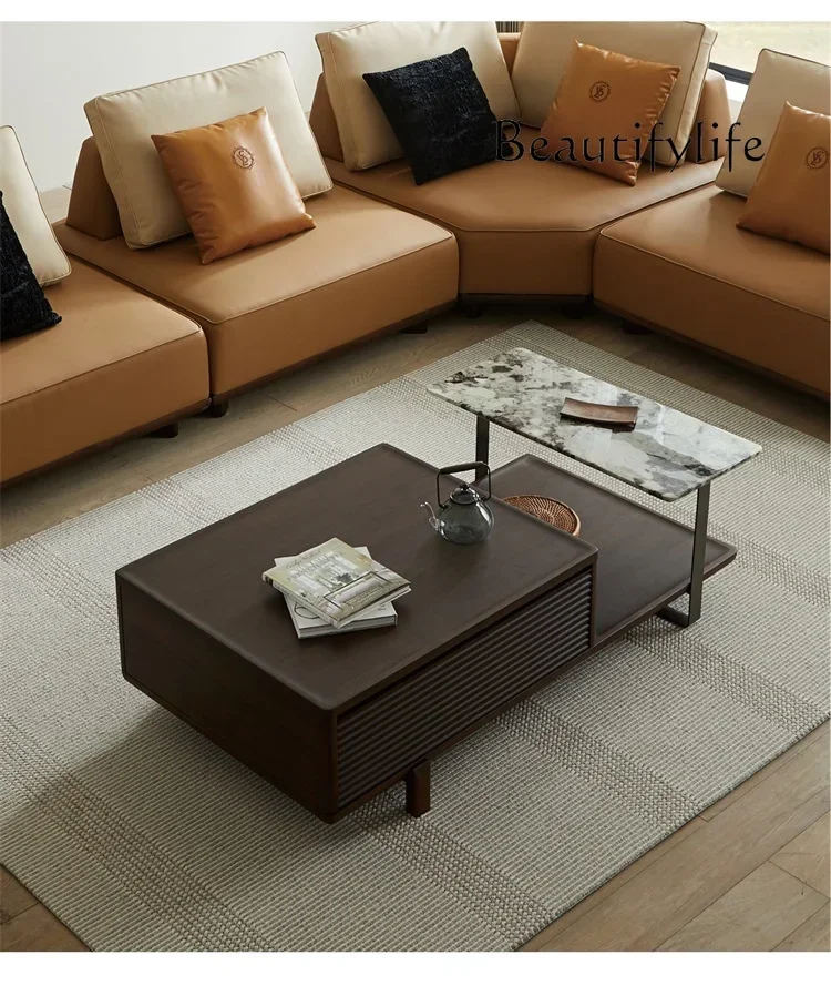 Chinese Ancient Style Modern Living Room Black Walnut Wooden Tea Table Marble Rectangular Double-Drawer Tea Table