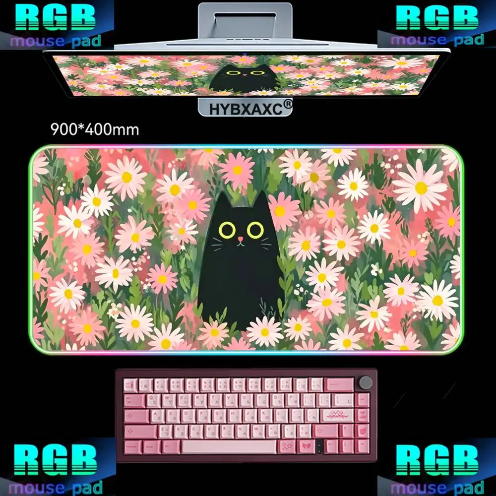 XXL HYBXAXC Mouse Pad RGB Gaming Mouse Pad Desk Mat HD Gamer Large LED Light XXL Daisy Cute Cat RGB Mouse Pad 400X900MM