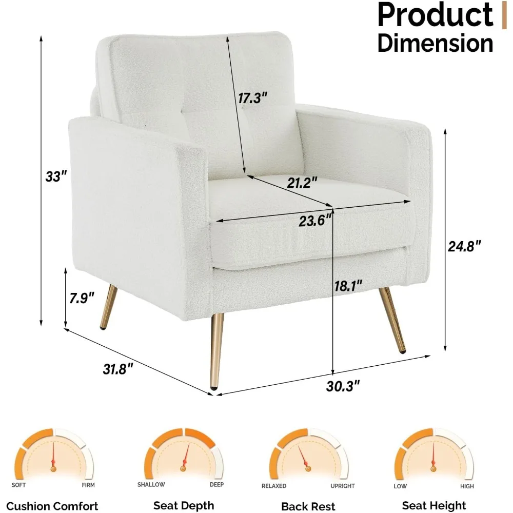 كرسي أريكة خلفي معنقدة باللون الأبيض لغرفة المعيشة وغرفة النوم - كرسي شيربا مريح للقراءة والاسترخاء