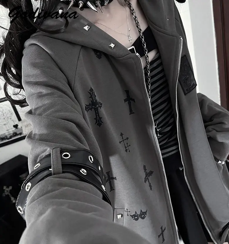 

Original Gothic Cross Printed Loose Hoodie Jacket New Spring Women's Subculture Cool Rivet Drapey Zipper Coat Outwear