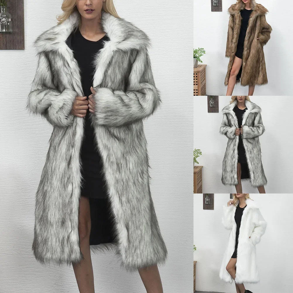 Women Autumn Winter Warm Thickened Long Square Suit Collar Overcoat Loose Outwear Faux Fur Coat Jacket Ladies Long Faux Fur