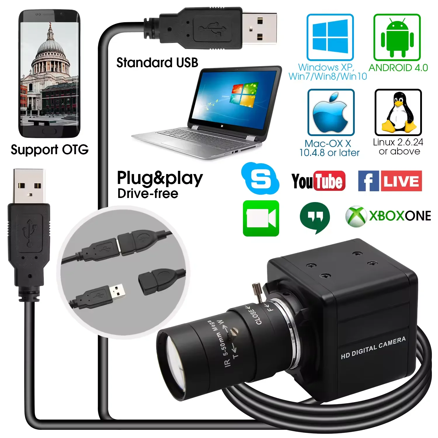 ELP Manual Zoom 2.8-12mm/5-50mm Varifocal Lens 5MP MI5100 USB Camera 1080P 30fps Industrial USB Camera for Windows Linux Mac