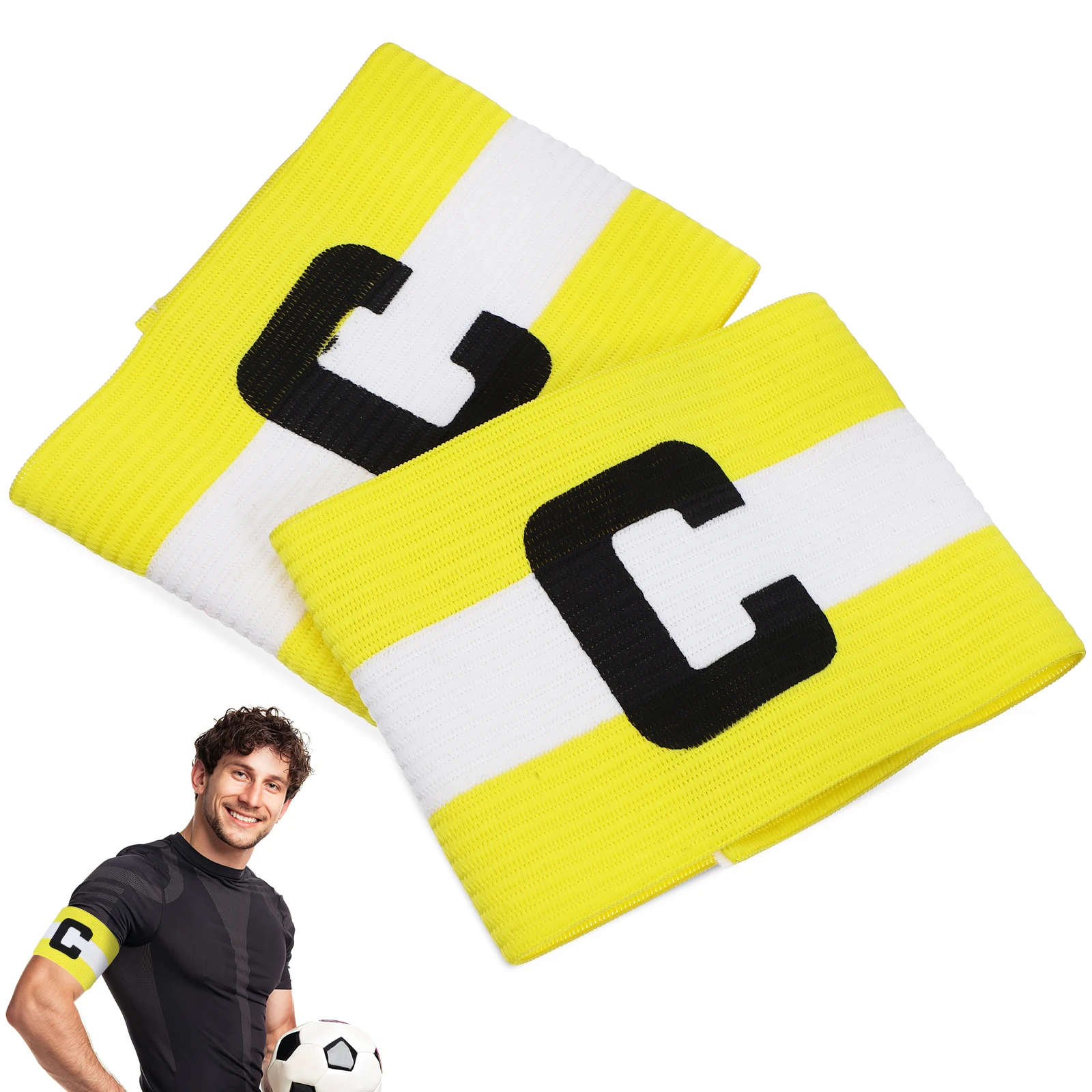 

2 Pcs Football Captain Armbands 9cmx30cm Yellow White Elastic Nylon Soccer Bands Adjustable Sports Arm for Men