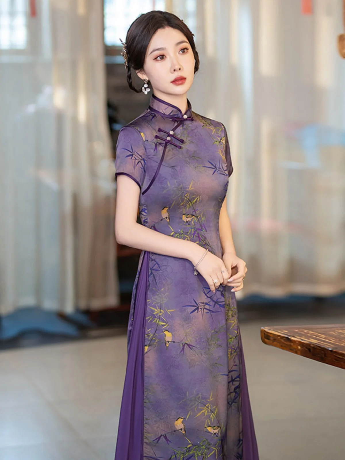 

Slimming Purple Traditional Dr Chinese Sle Vintage Women's New Arrival Summer ort Sve Floral Print Gown