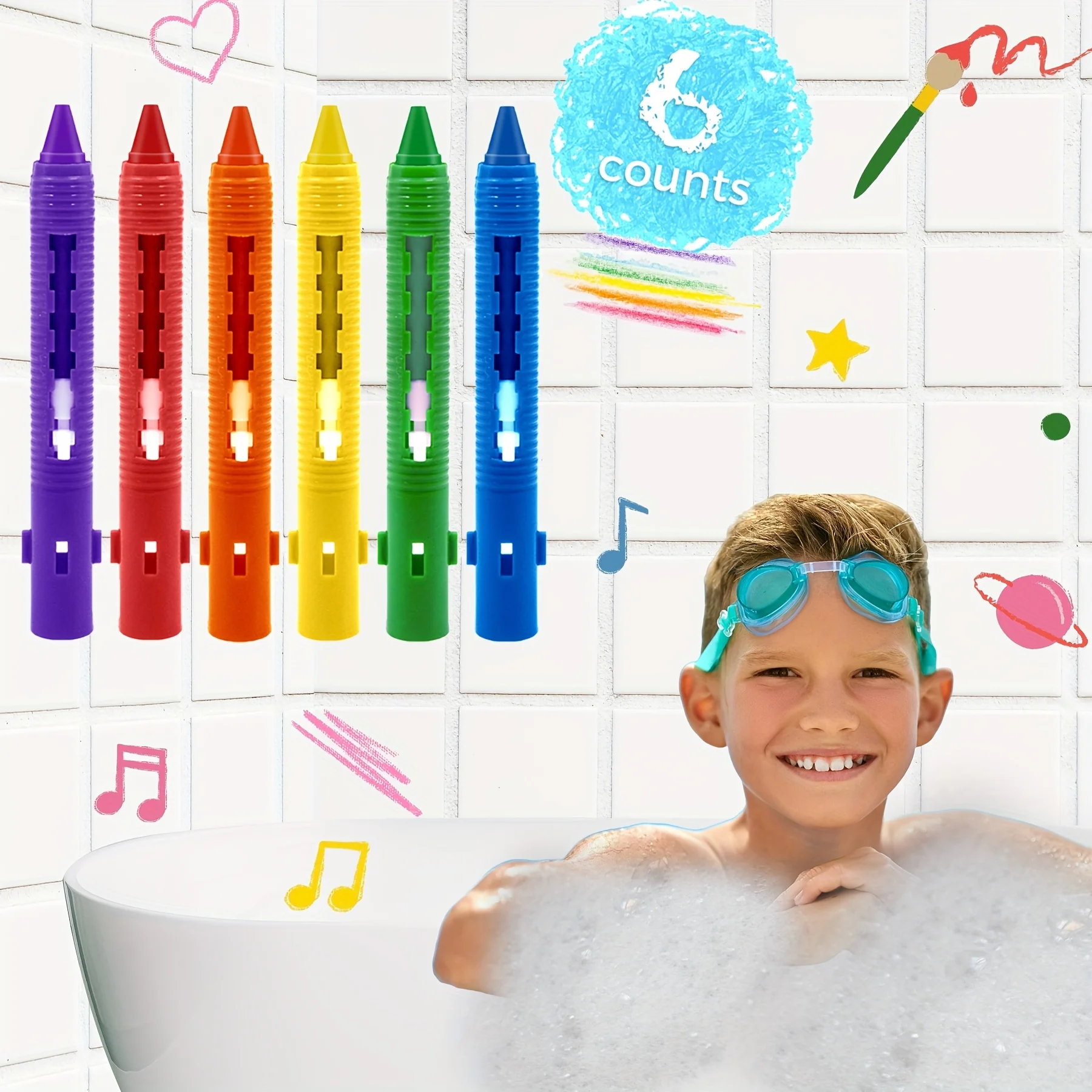 6pcs Washable Bath Crayons Set - Colorful, Easy-Clean Bathtub Markers for Youngsters, Fun Shower Art & Crafts