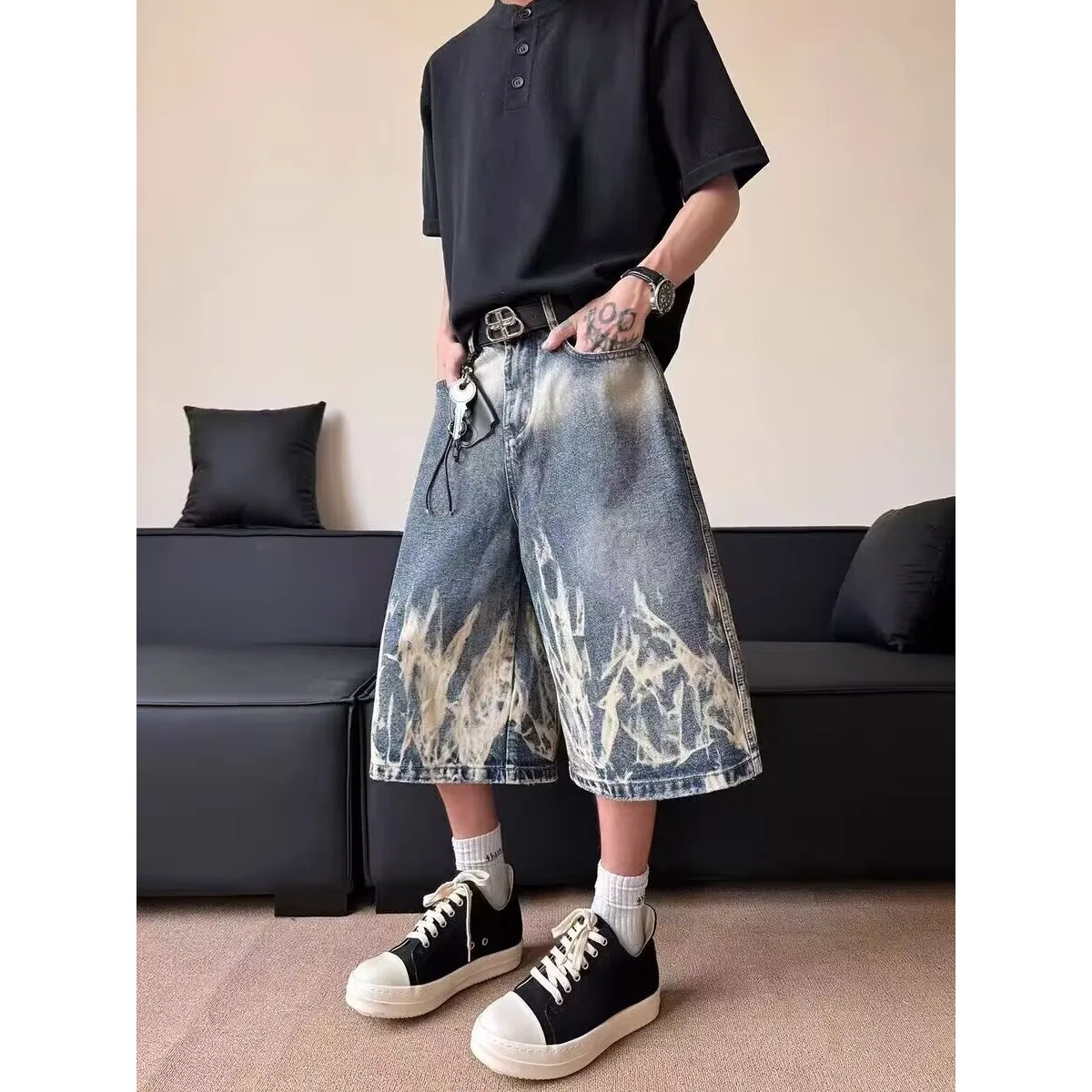 

American Vintage 90s High Waist Wide Leg Jeans Men Summer Men's Casual Baggy Y2K Shorts Washed Cotton Grunge Print Denim Shorts