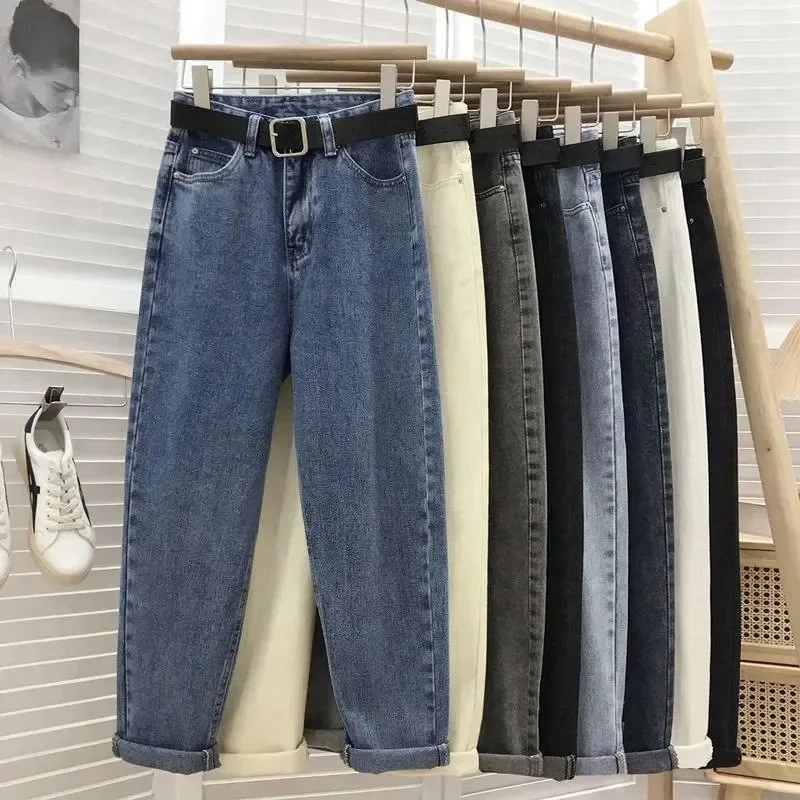 Spring Autumn 2021 New Korean Style Petite Straight-Leg Jeans High-Waisted Slimming Women's Clothing Harelot Slim Fit Denim Pant