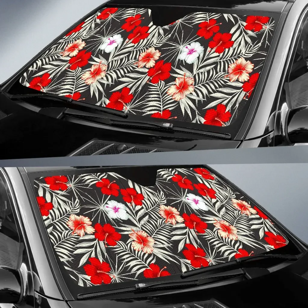 White Tropical Hibiscus Pattern Print Car Sun Shade