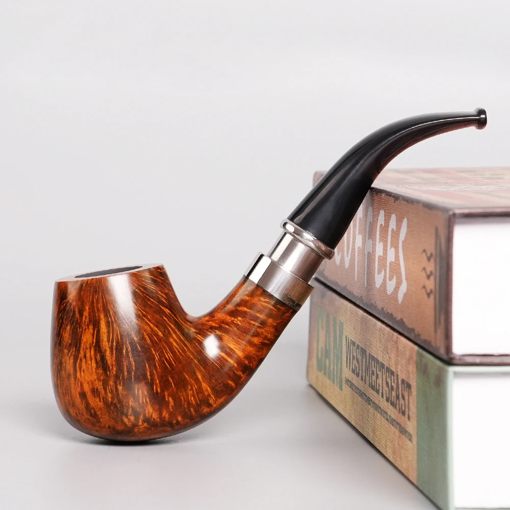 MUXIANG Briar Tobacco Pipe Curved Handle SherlocksHolmes Pipe Handle Briar Pipe 9mm Pipe Channel Silver Circle Decorative Ring