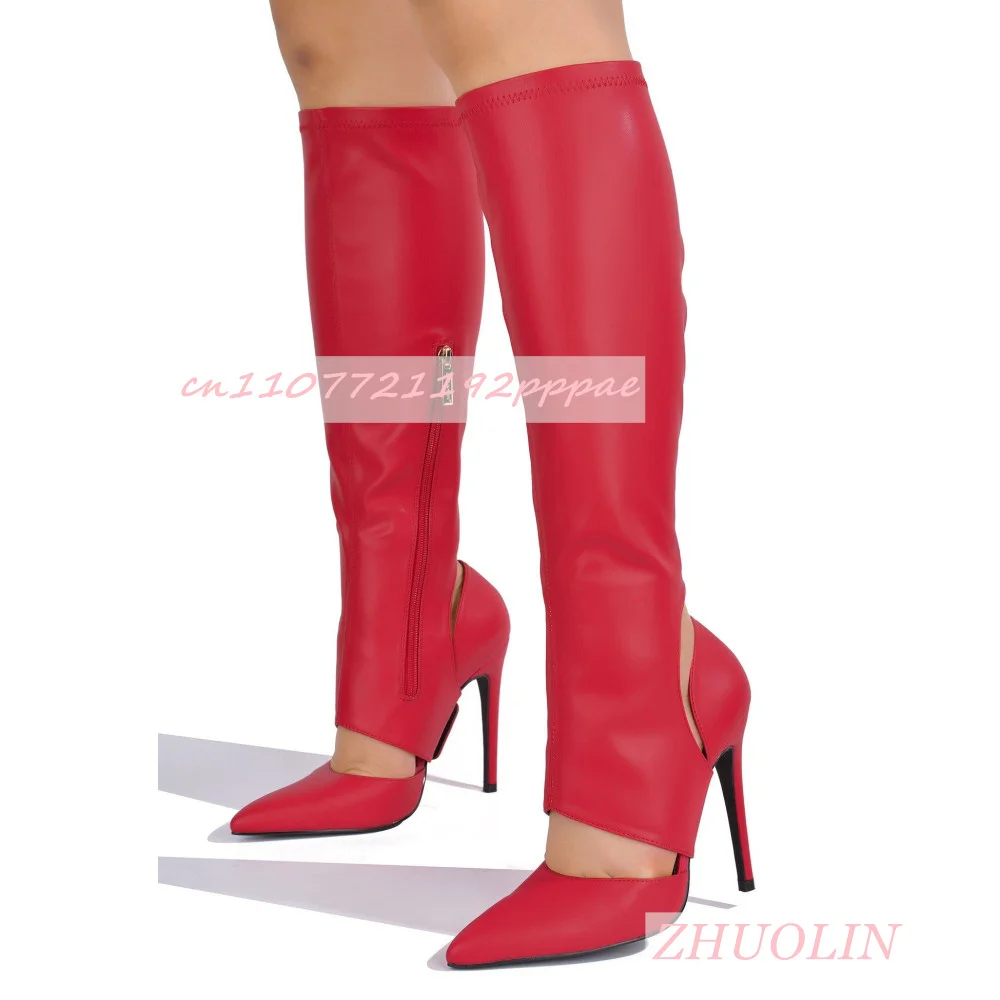 

Summer Red Stiletto Stretch Boots Sexy Pointed Side Zipper Slim Mid-Calf Boots Fashion Dress Trendy High Heels Zapatos Mujer 46