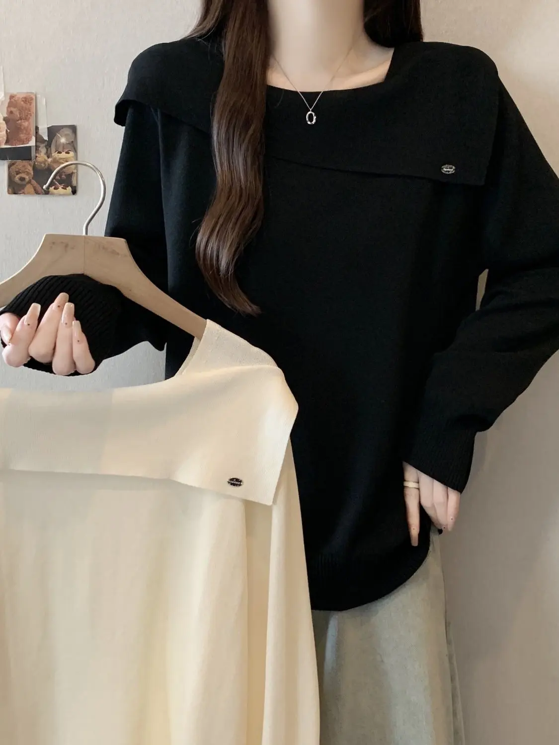 سترة نسائية محبوكة بمقاس كبير فضفاضة وياقة مربعة للتخسيس طويلة Sve للخريف والشتاء أنيقة كورية مريحة...