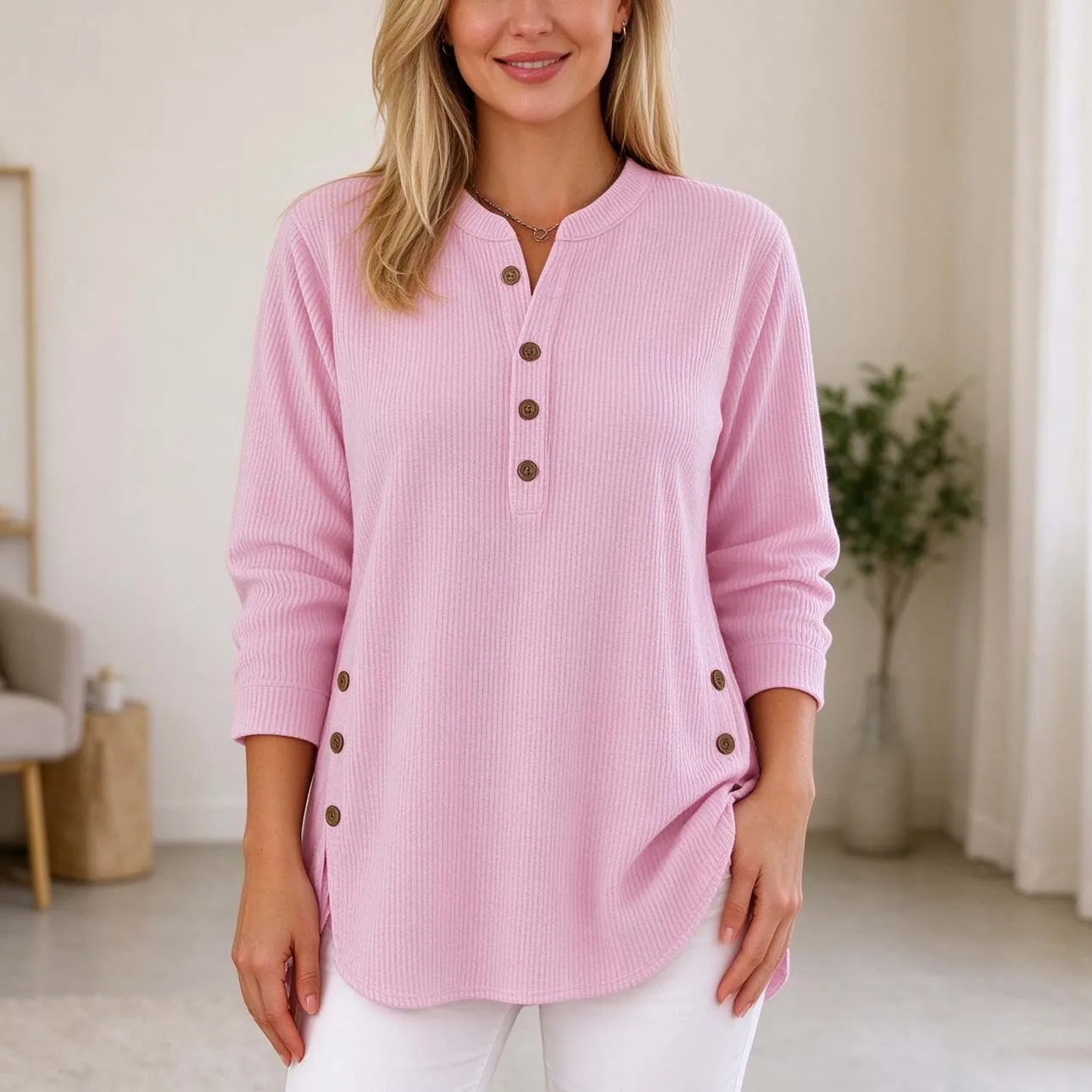 Stand Collar Ribbed For Top for Women with Half Button Front and Side Button Accents for Yoga Cycling or Holiday Outings