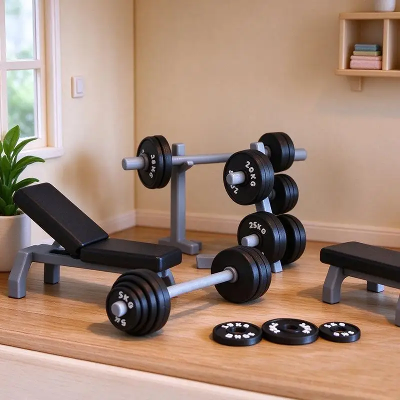 Mini Fitness Equipment Model Dumbbell Weight Bench Set Miniature Scene Decoration For Dollhouse Sandbox Layout Photography Props