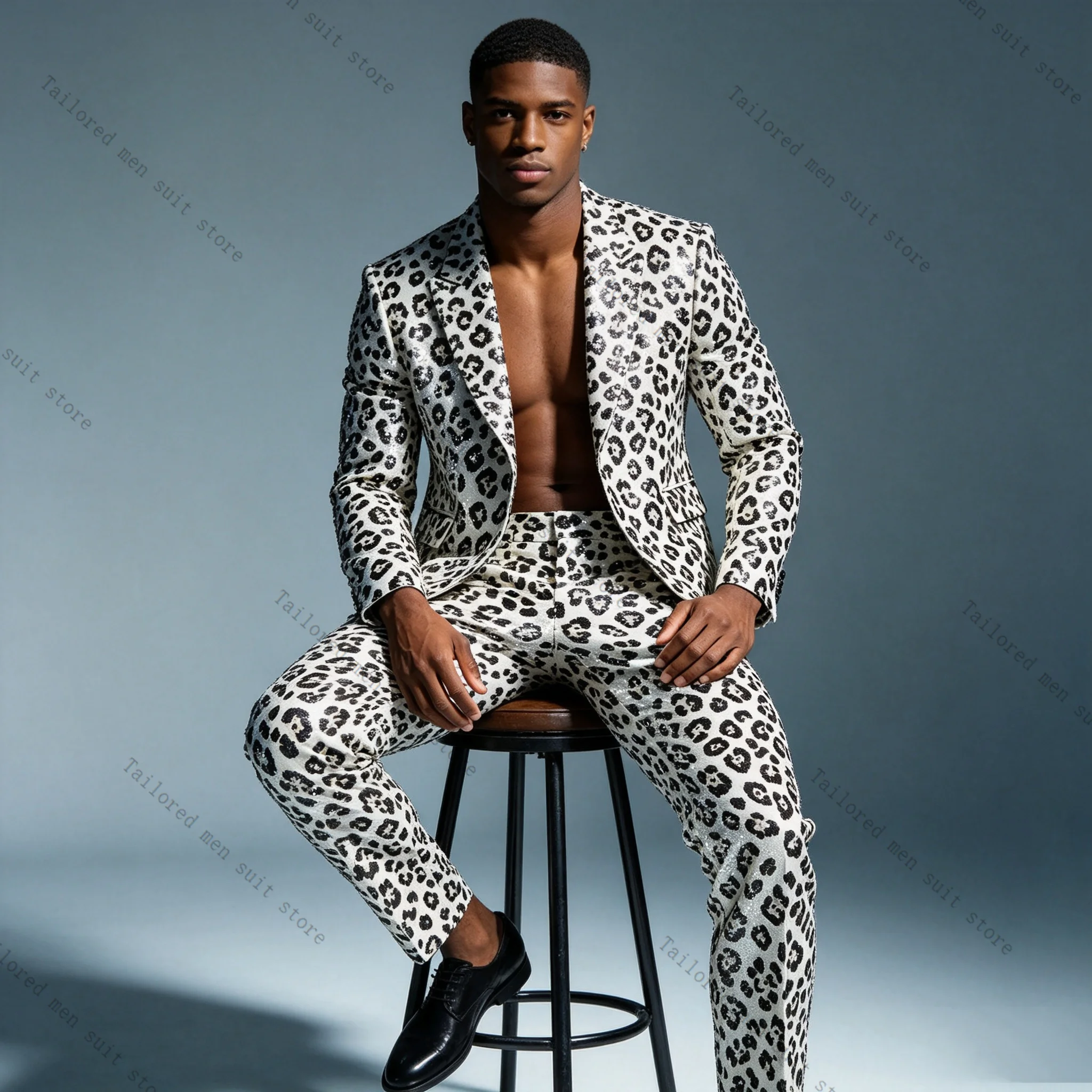Sequins Leopard Print Men Suits Pants Set 2 Pcs Blazer+Trousers Groom Wedding Tuxedos Jacket Formal Office Business Coat Outfit