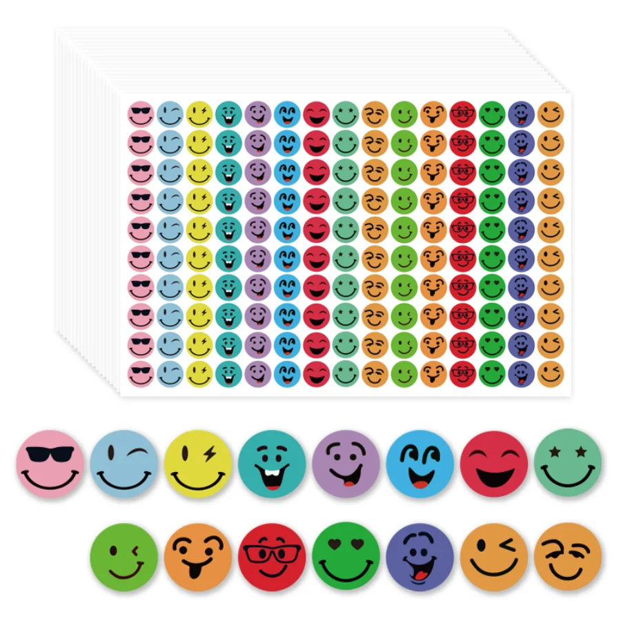 1200 Pcs Round Face Stickers 15 Designs Happy  Face Students Labels for DIY Crafts Scrapbooking School Office Supplies