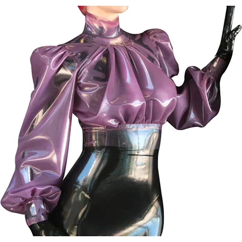 Transparent Purple Sexy Latex Blouses With Puff Long Sleeves Zipper Back Rubber Shirts Clothes Top Frill around Collar YF-0449