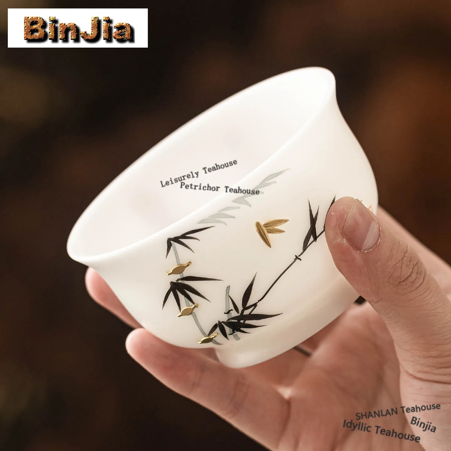 115ml Mutton-fat Jade Cymbal Cup Hand-painted Ink Bamboo Tea Bowl Water Jug Tea-tasting Meditation Cup Jianzhan Master Cup Gifts