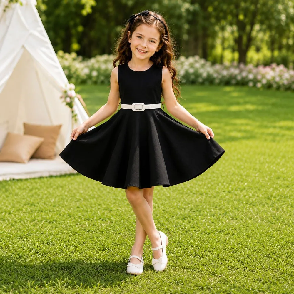 Black A-line Dress Invisible Zipper Waist Fitted Outfit School Stage Performance Knee Length Elegant Solid Formal Party Outfit