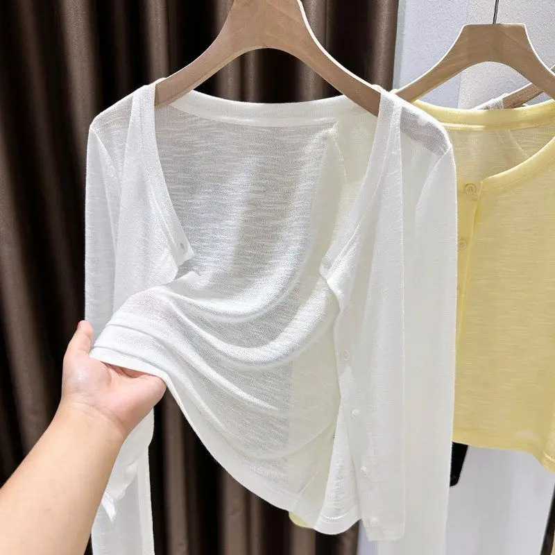 

Lightweight Bamboo Rayon Long Sleeve Knitted Cardigan Women's Summer Beach Outerwear Shawl Air Conditioner Cover up