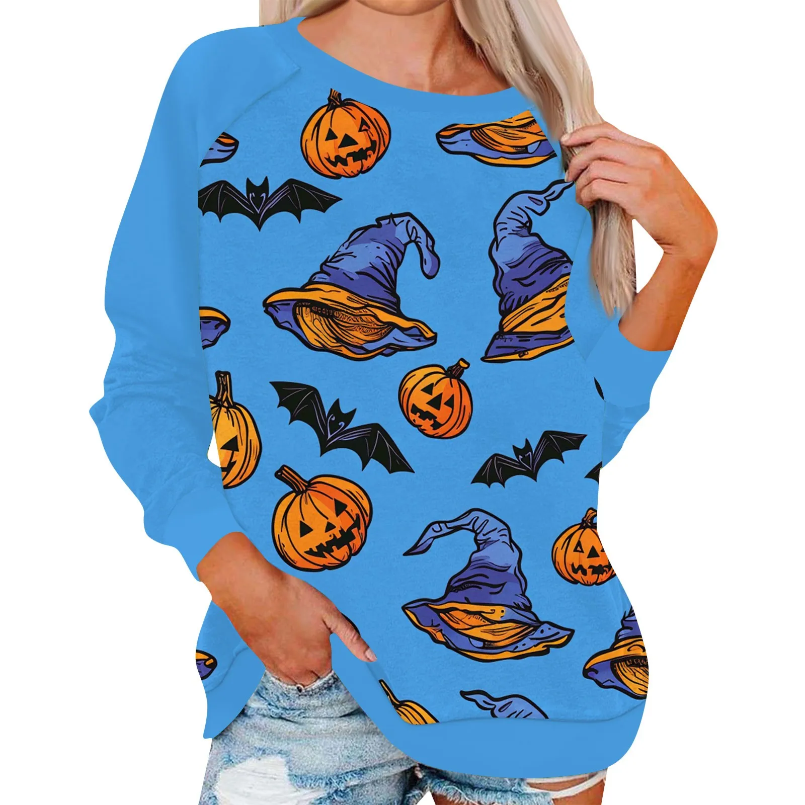 

Women'S Raglan Sleeve Pullovers Daily Basic Regular Round Neck Long Sleeve Halloween Print Sweatshirt Tops Casual Loose Tops