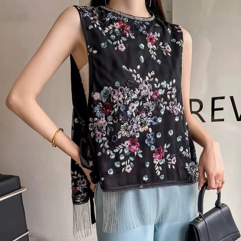 

Chinese Wind Sequined Vest Women Top Vintage Wine Embroidery High Quality Round Neck Loose Tassel Sleeveless Top Female Summer