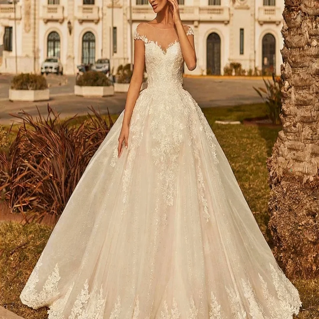 

Customized Exquisite Ball Gown Wedding Dresses Bridal Gown Sheer Scoop Cap Sleeve Applique Formal Bride Porm Party Gowns